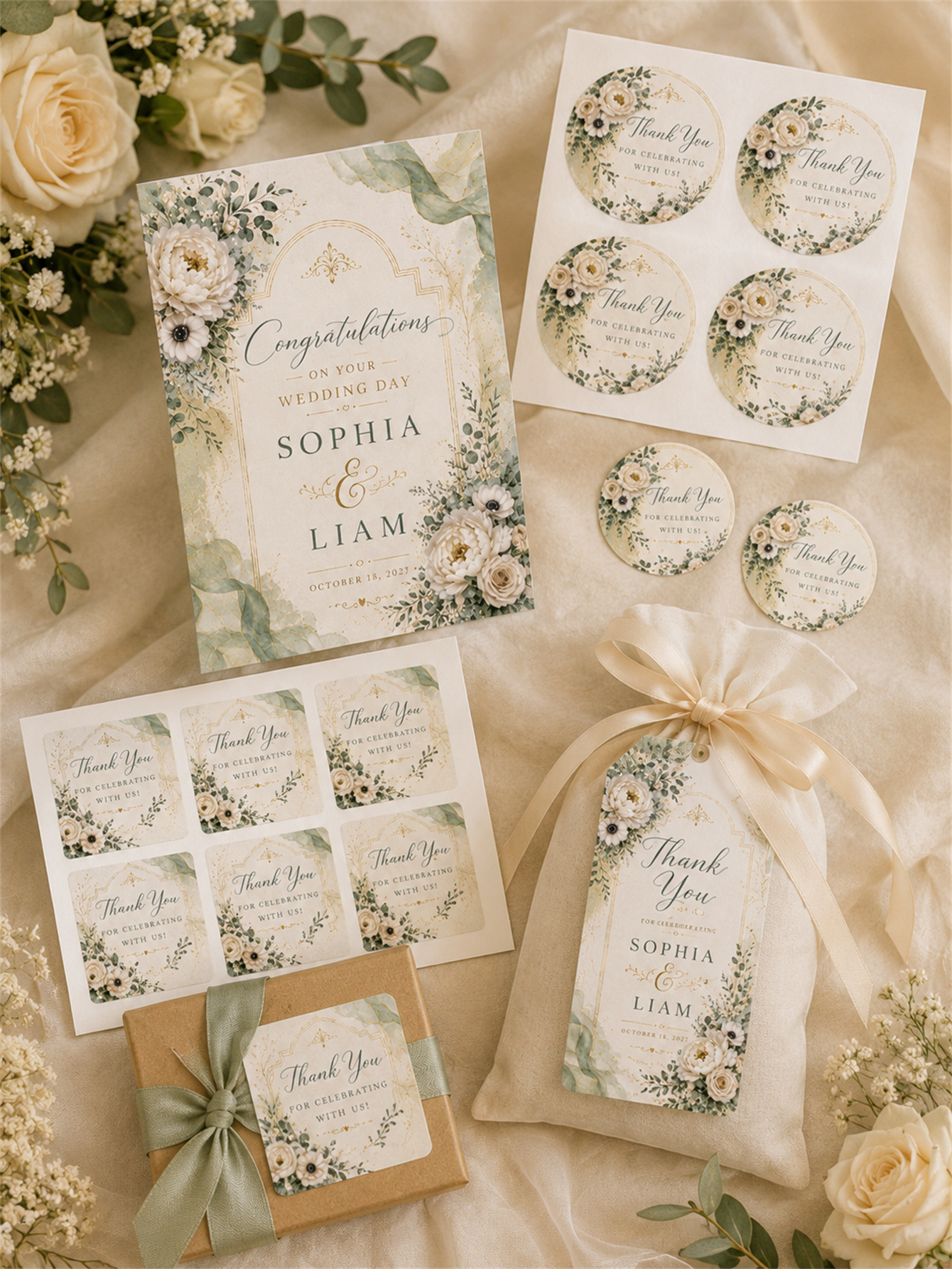 Sage green and ivory plant wedding decorations - Romantic and elegant wedding - Custom name and date